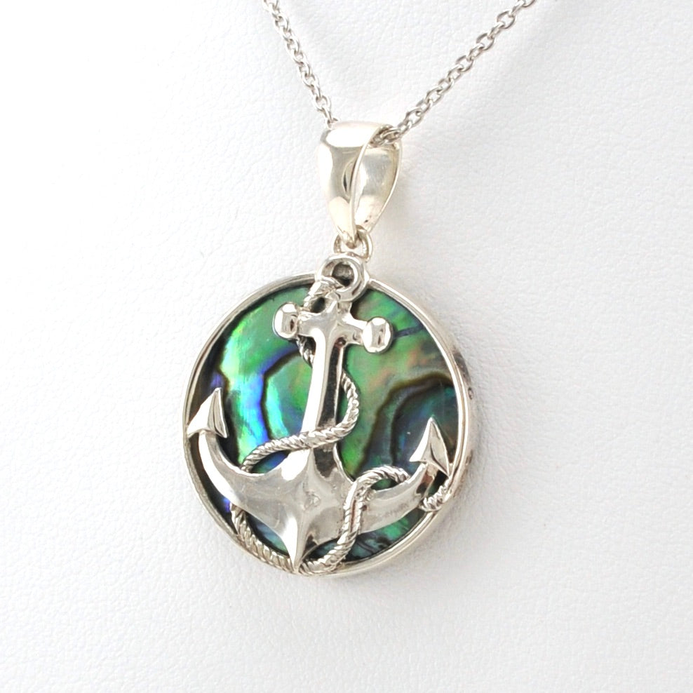 Side View Sterling Silver Abalone Anchor Necklace