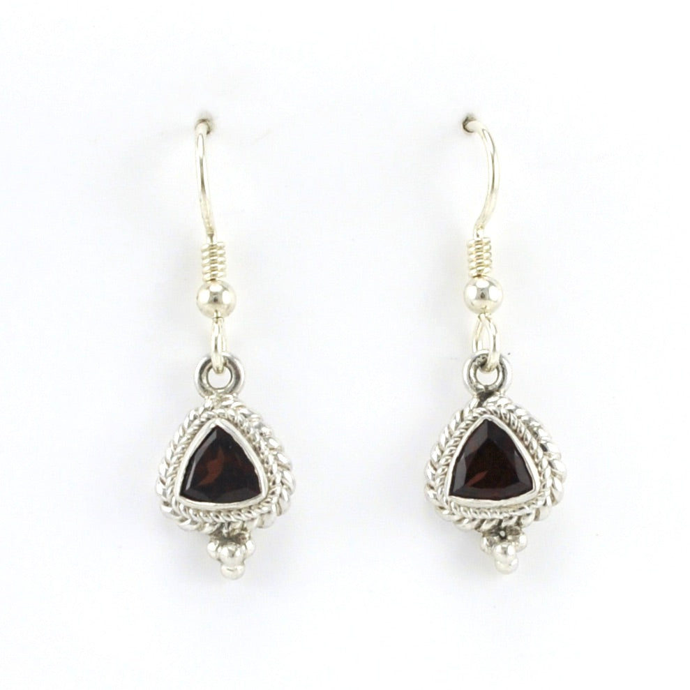 Alt Veiw Sterling Silver Garnet 7mm Trillion Dangle Earrings