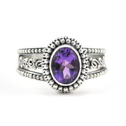 Silver Amethyst 6x8mm Oval 3 Band Scroll Ring