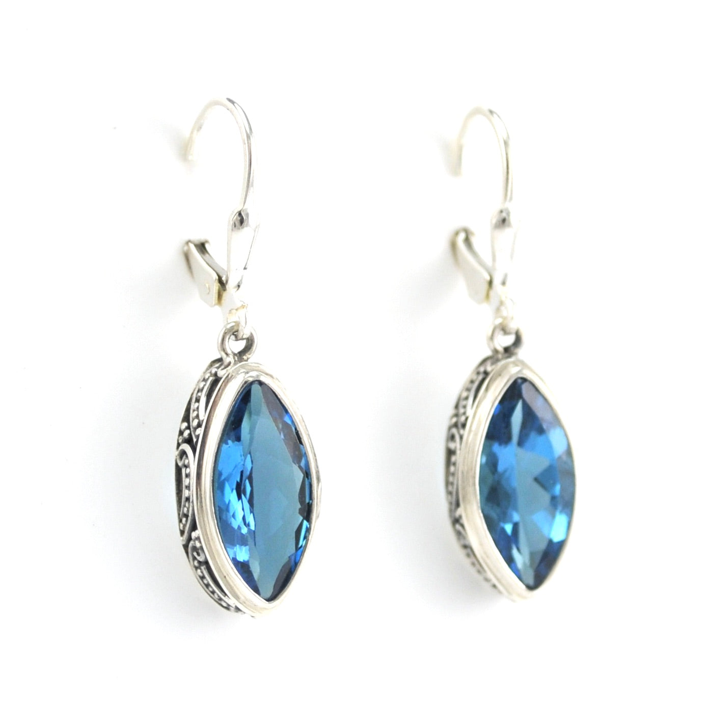Alternate View Silver Blue Topaz 7x14mm Marquise Bali Dangle Earrings