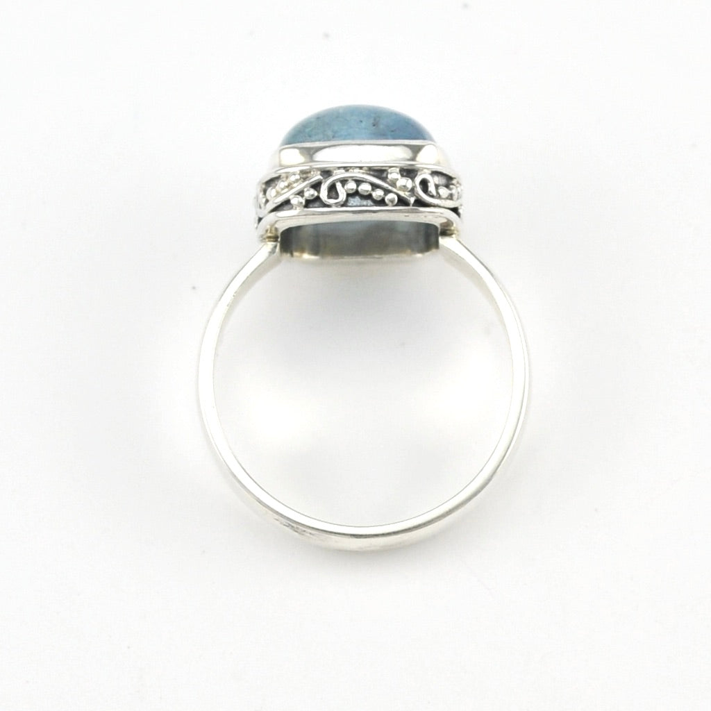 Bezel Detail Silver Aquamarine 10mm Square Bali Ring