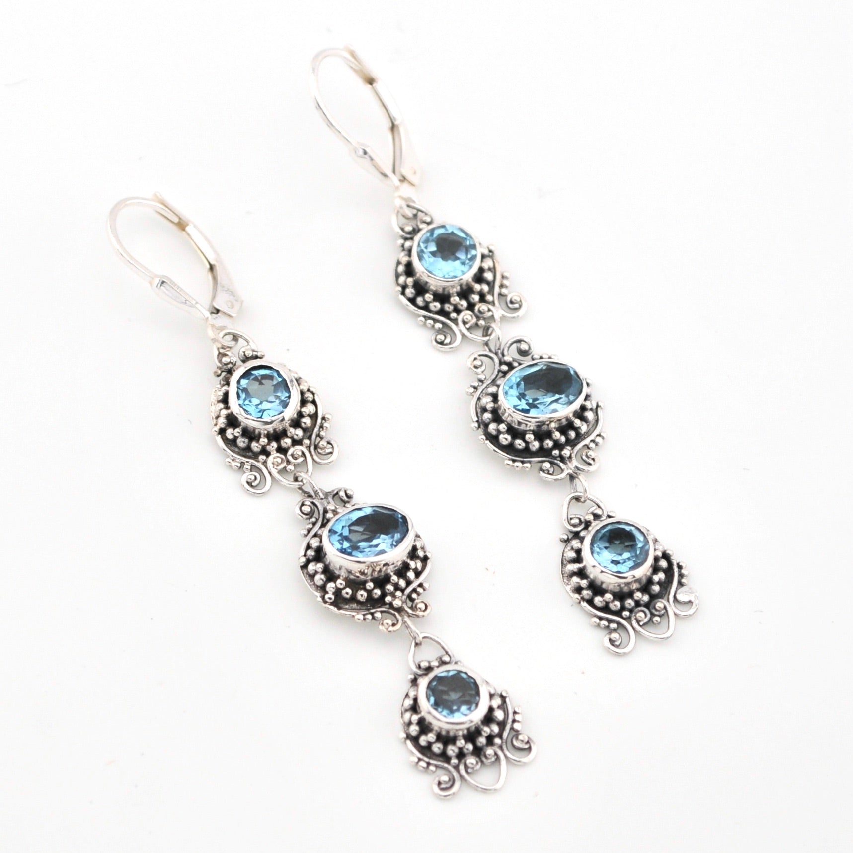 Blue Topaz 3 Stone Bali Dangle Earrings