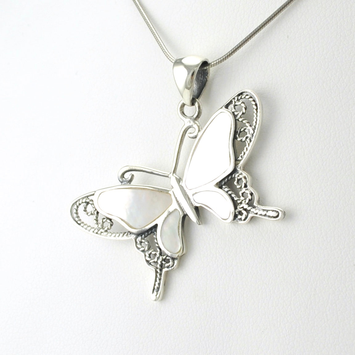 Sterling Silver Mother of Pearl Butterfly Filigree Wings Pendant