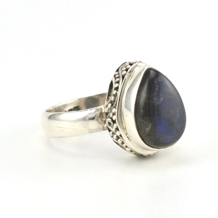Side View Sterling Silver Labradorite 8x11mm Tear Bali Ring