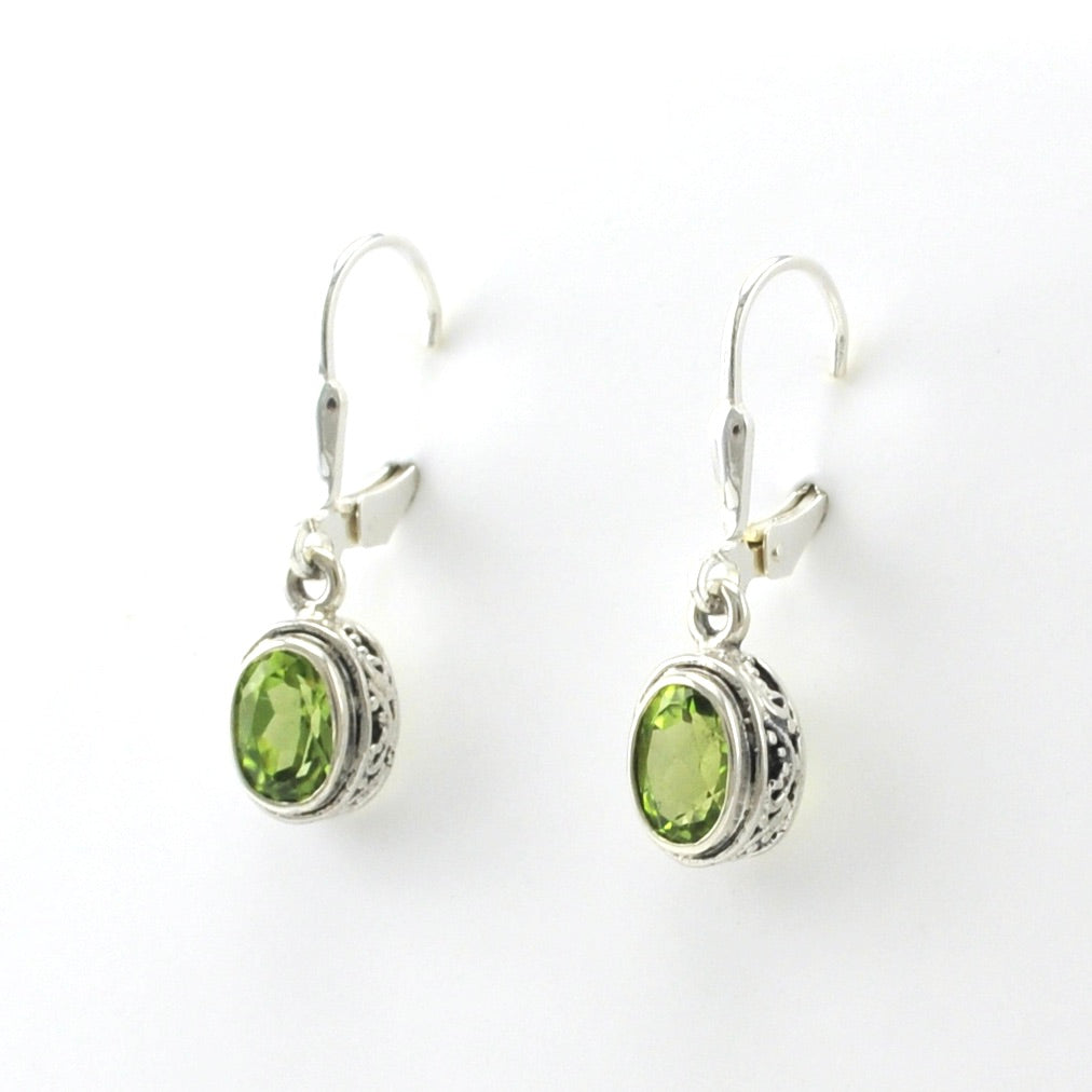 Sterling Silver Peridot 5x7mm Oval Bali Dangle Earrings