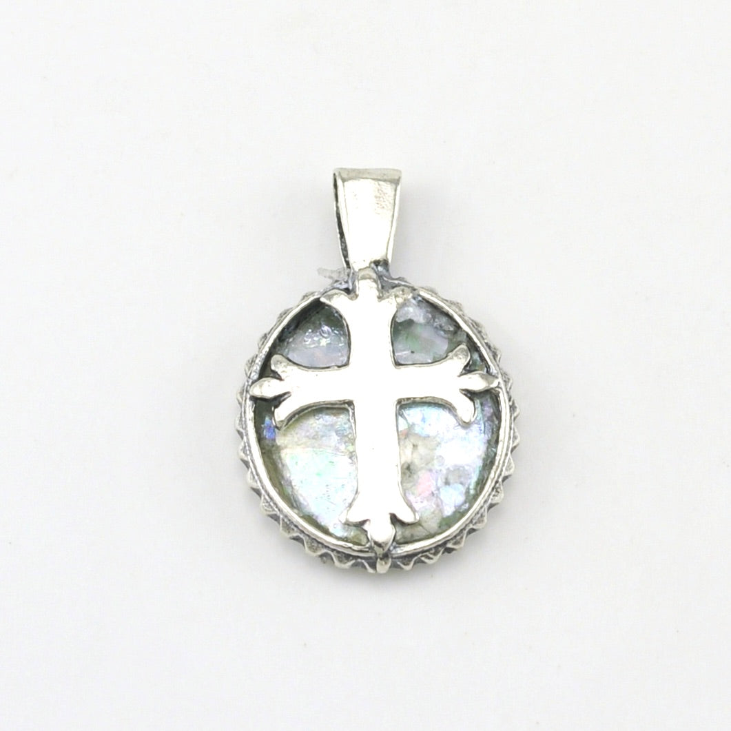 Sterling Silver Roman Glass Oval Cross Pendant