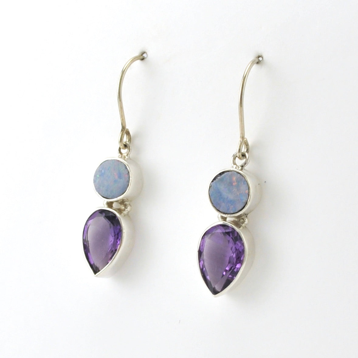 Side View Sterling Silver Australian Opal Amethyst Tear Earrings