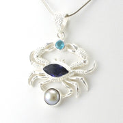 Sterling Silver Iolite Topaz Pearl Crab Pendant