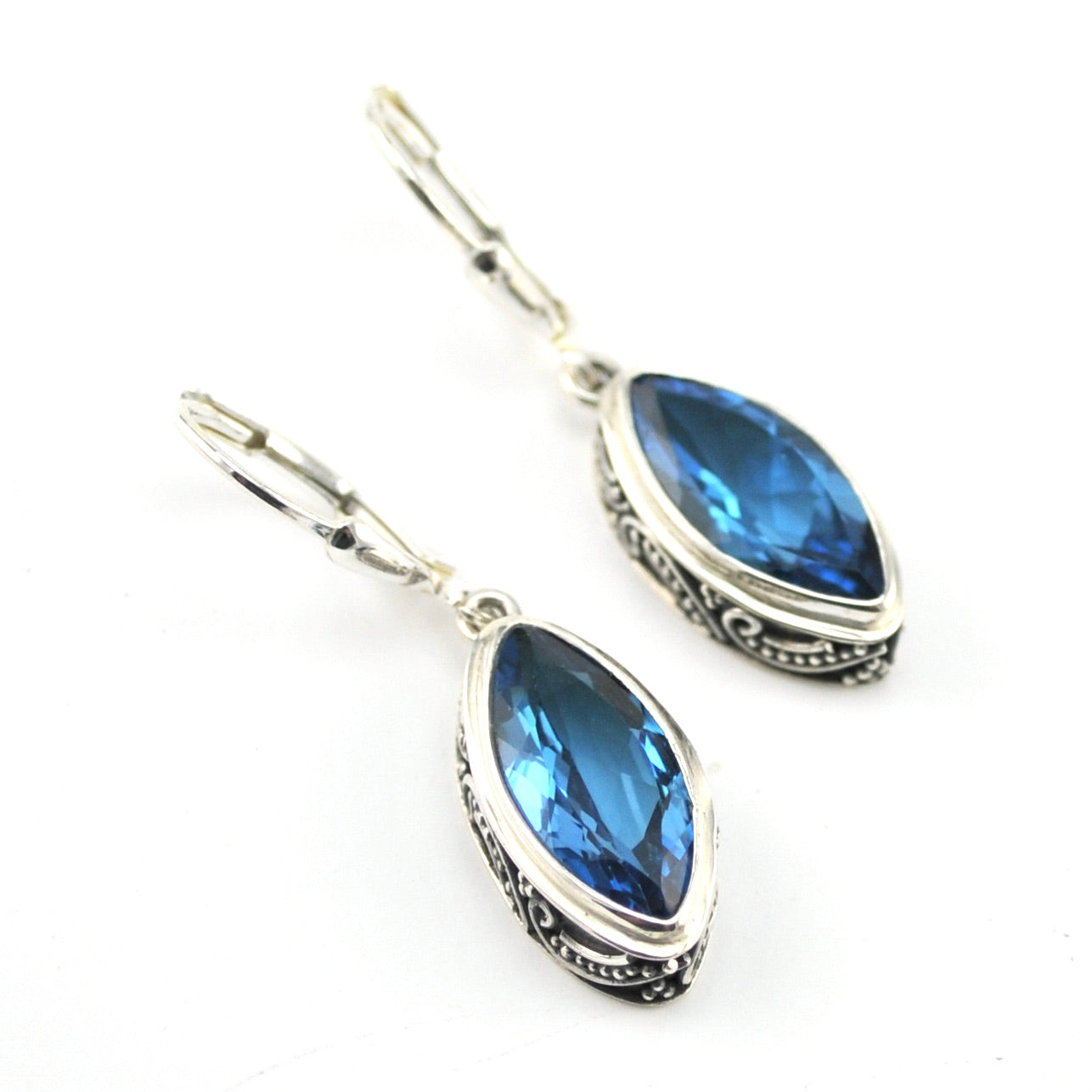 Silver Blue Topaz 7x14mm Marquise Bali Dangle Earrings