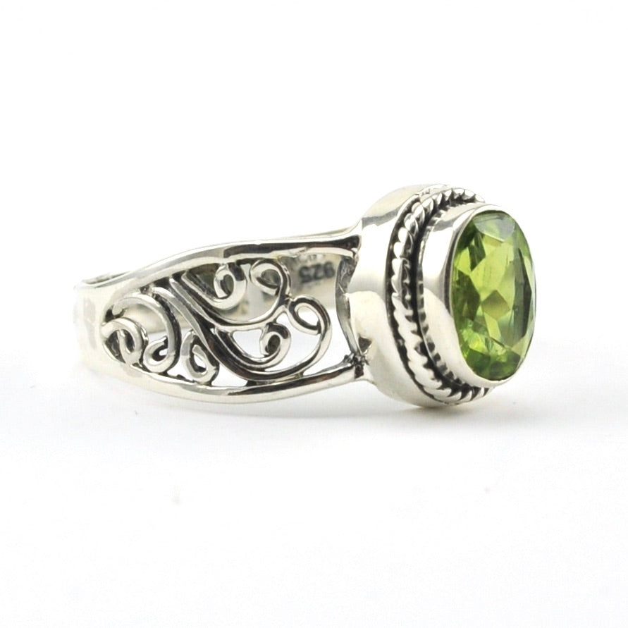 Side View Sterling Silver Peridot 6x8mm Oval Scroll Ring