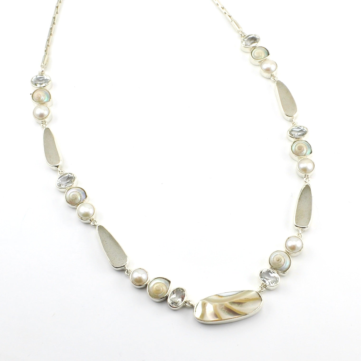 Close Up Silver Nautilus Shell White Topaz Pearl Malabar Shell Necklace