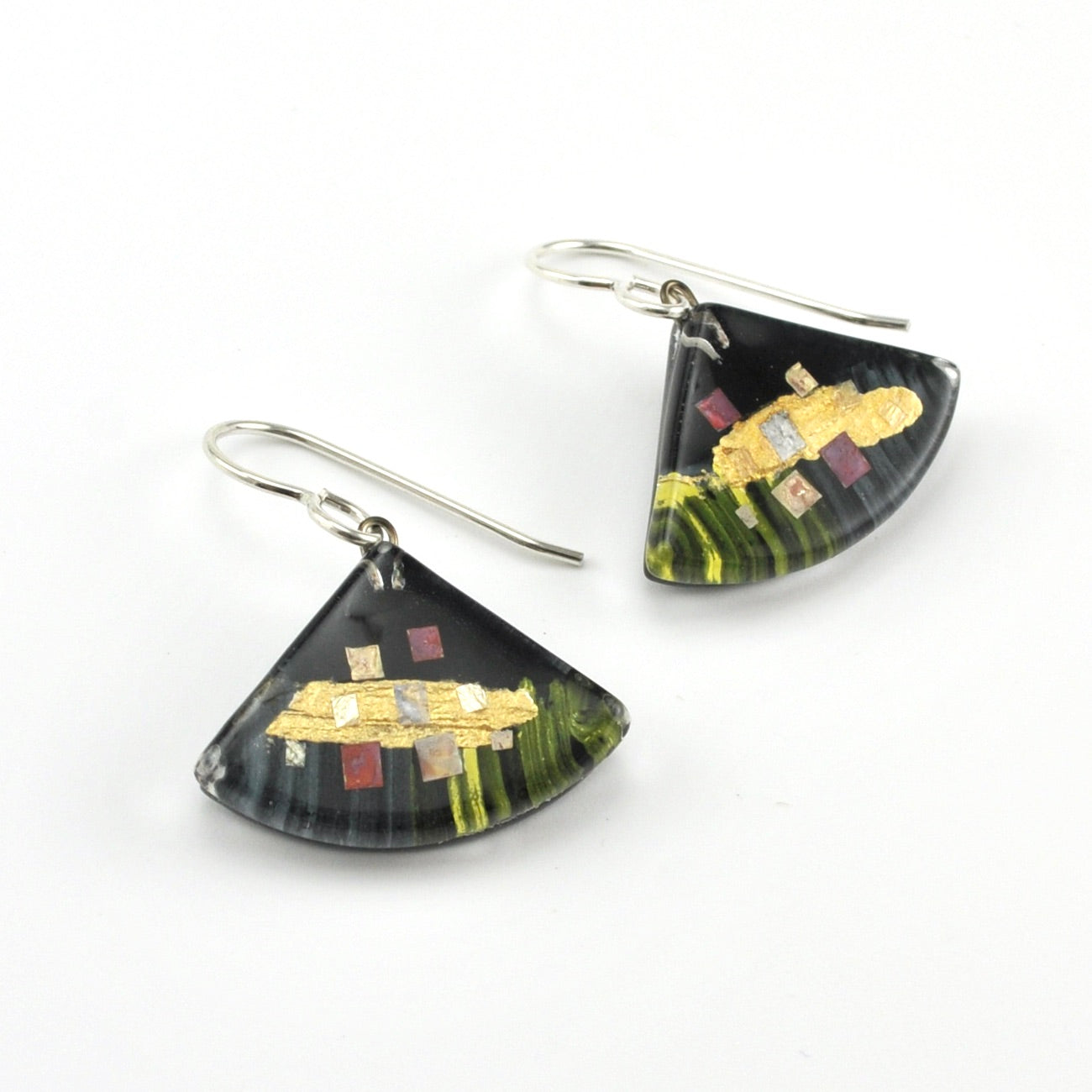 Glass Black Golden Phase Fan Earrings