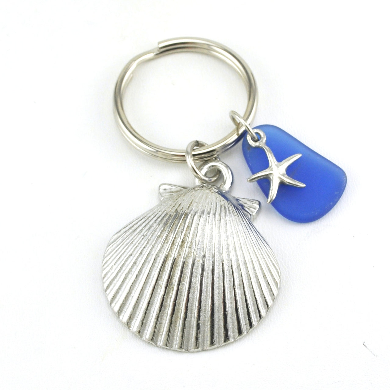 Blue Sea Glass Seashell Key Ring