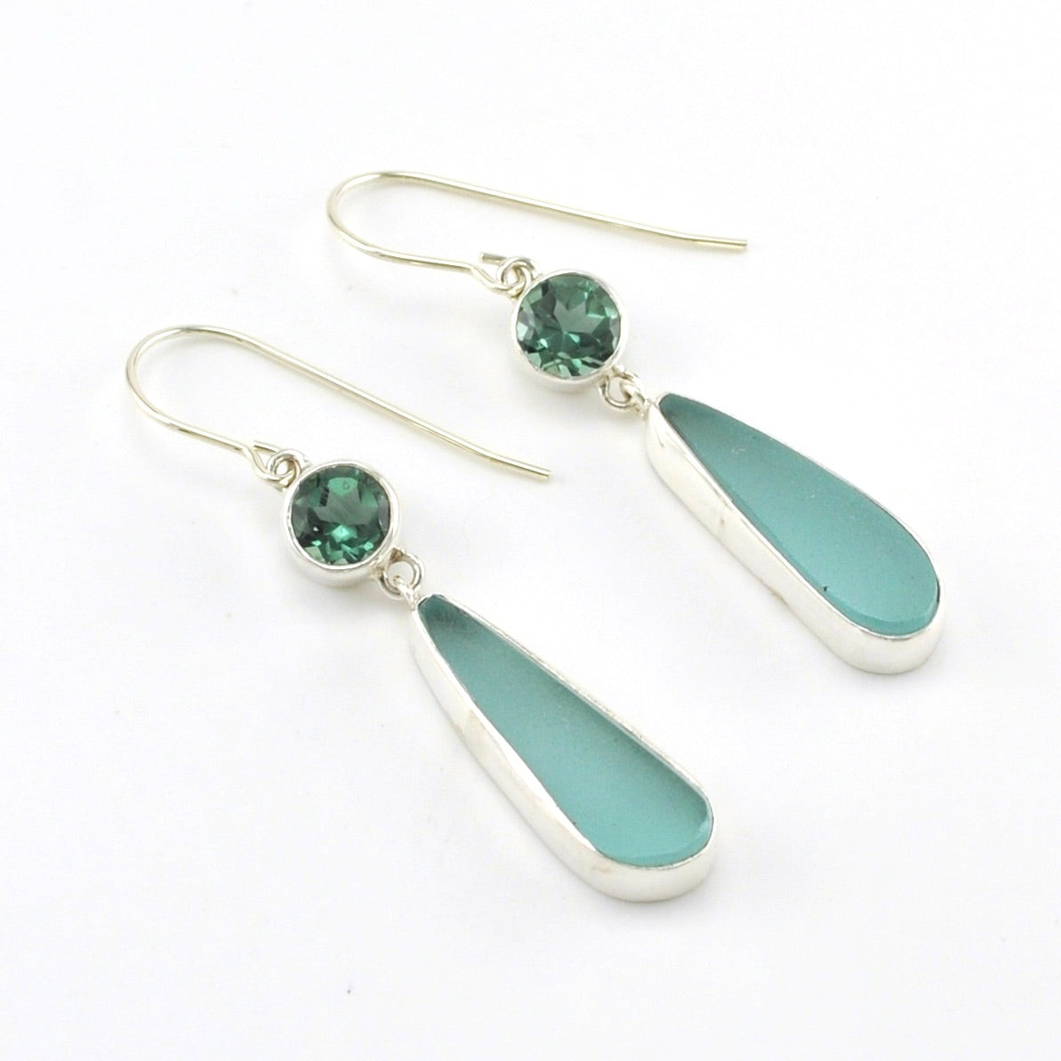 Sterling Silver Green Quartz Aqua Sea Glass Earrings