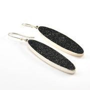 Detail View Silver Black Druzy Agate Long Oval Earrings