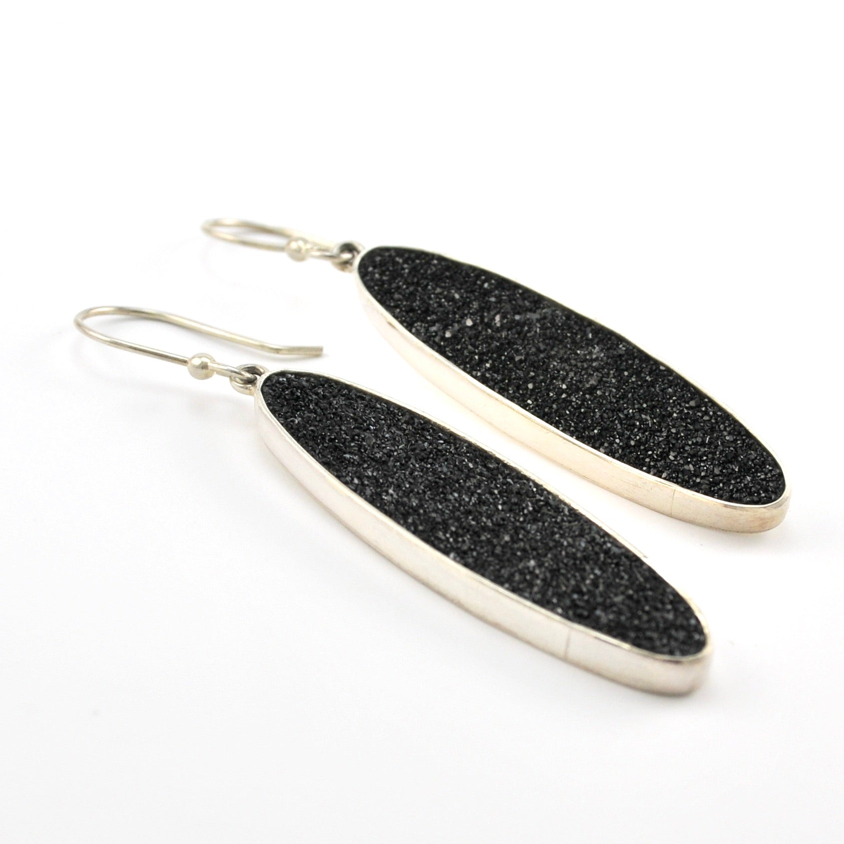 Detail View Silver Black Druzy Agate Long Oval Earrings