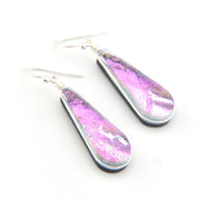 Teardrop-shaped earrings with pink and silver design on a white background