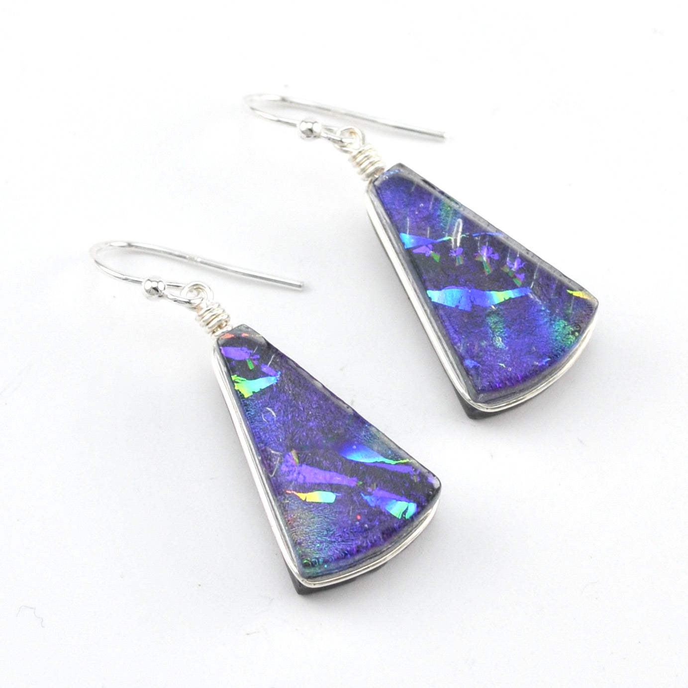 Dichroic Glass Purple Rainbow Fan Dangle Earrings