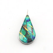 Teardrop-shaped pendant with multicolored pattern on a white background