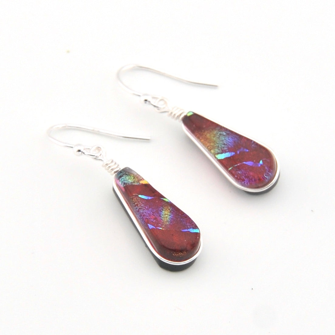 Dichroic Glass Rainbow Red Small Tear Dangle Earrings