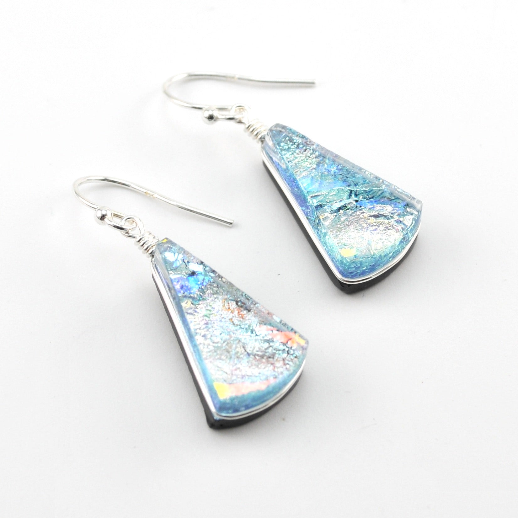 Dichroic Glass Silver Fan Dangle Earrings