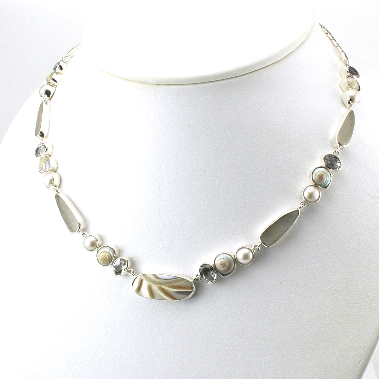 Displayed Silver Nautilus Shell White Topaz Pearl Malabar Shell Necklace