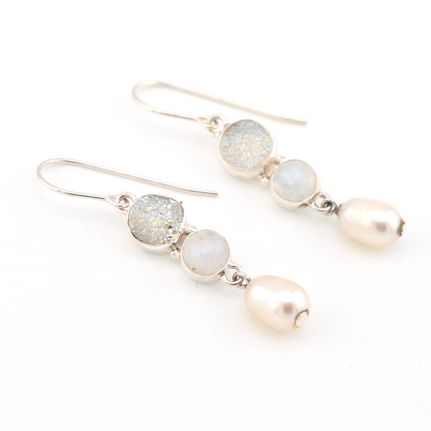 Druzy Moonstone Pearl Dangle Earrings