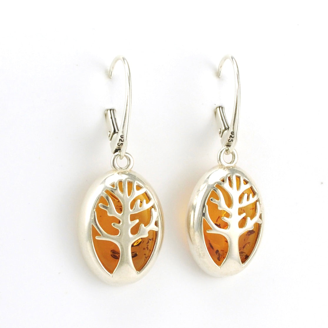 Alt View Sterling Silver Amber Oval Tree Earrings