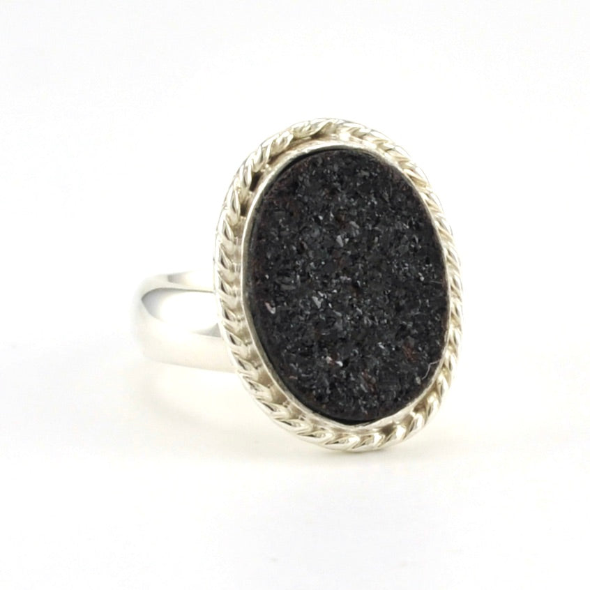 Alt View Sterling Silver Black Druzy Agate Oval Rope Ring