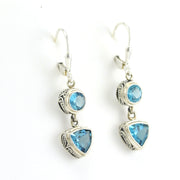 Side View Sterling Silver Blue Topaz Round Trillion Bali Dangle Earrings