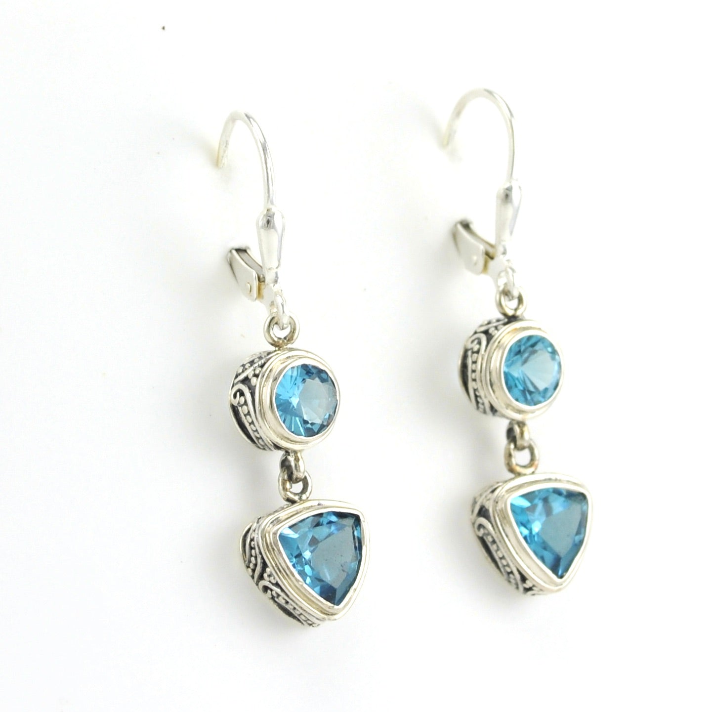 Side View Sterling Silver Blue Topaz Round Trillion Bali Dangle Earrings