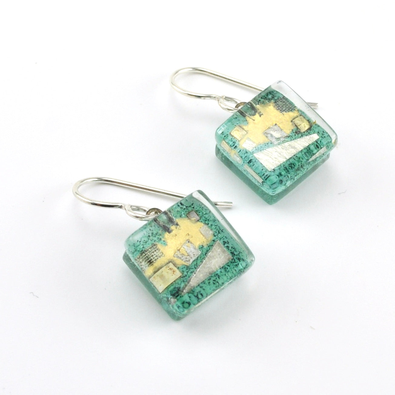 Glass Aqua Golden Phase Cube Earrings