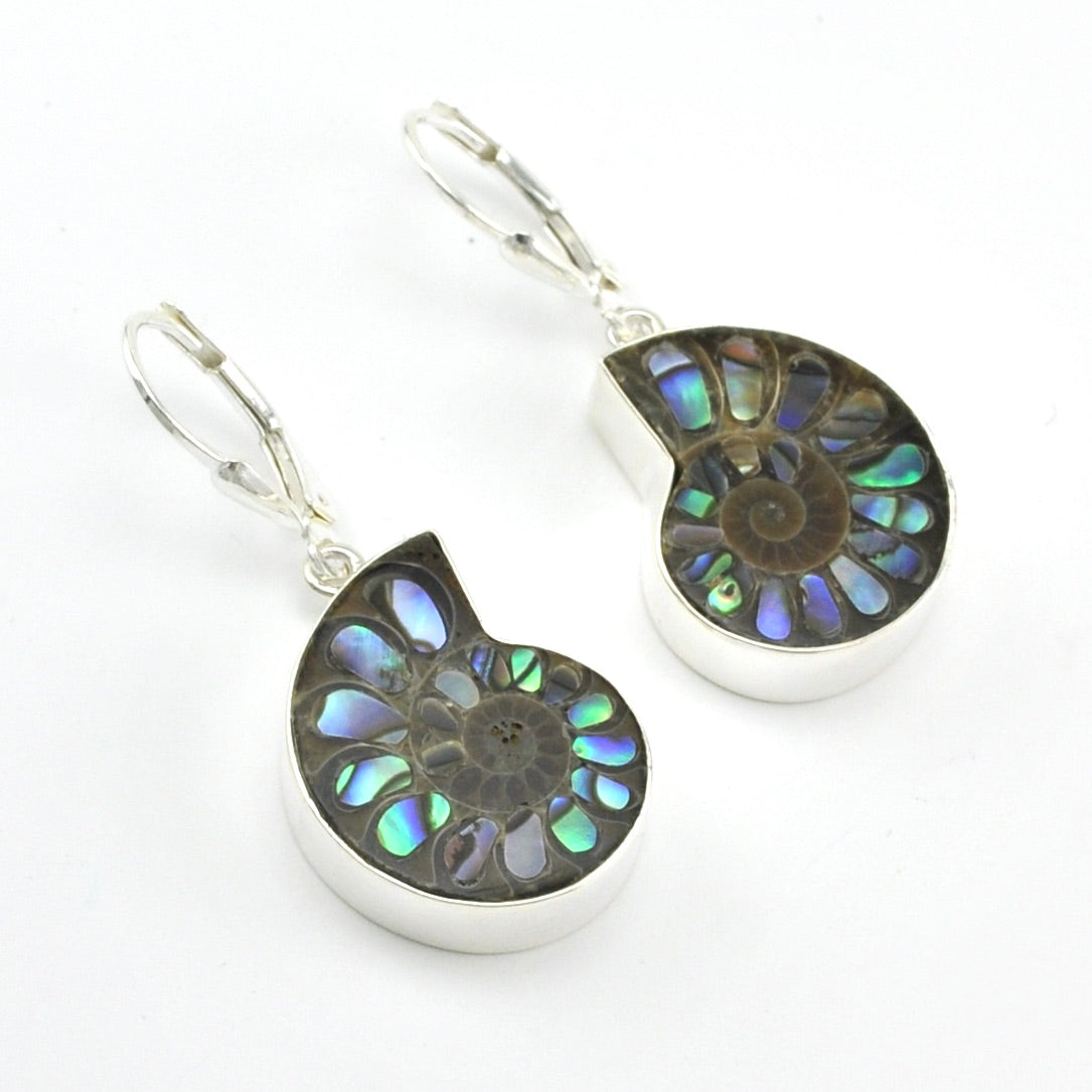 Silver Ammonite with Inlaid Abalone Earrings