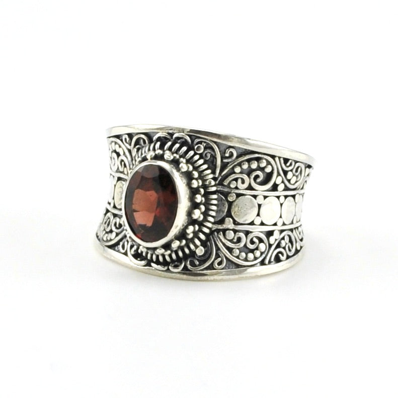 Sterling Silver Garnet Oval Wide Ring