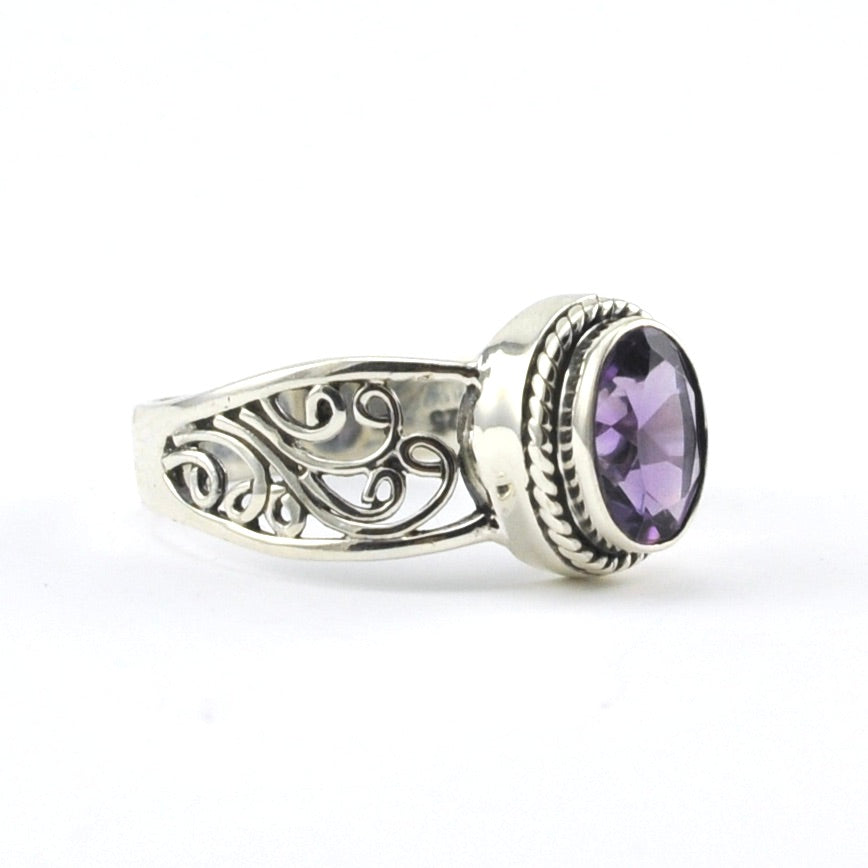 Side View Sterling Silver Amethyst 6x8mm Scroll Ring
