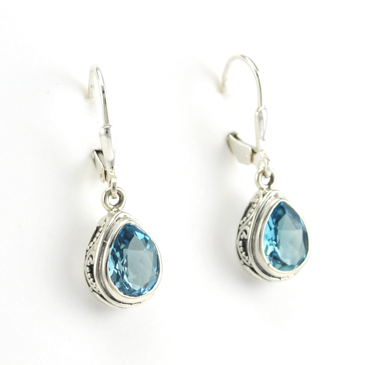 Side View Sterling Silver Blue Topaz 7x9mm Tear Dangle Earrings