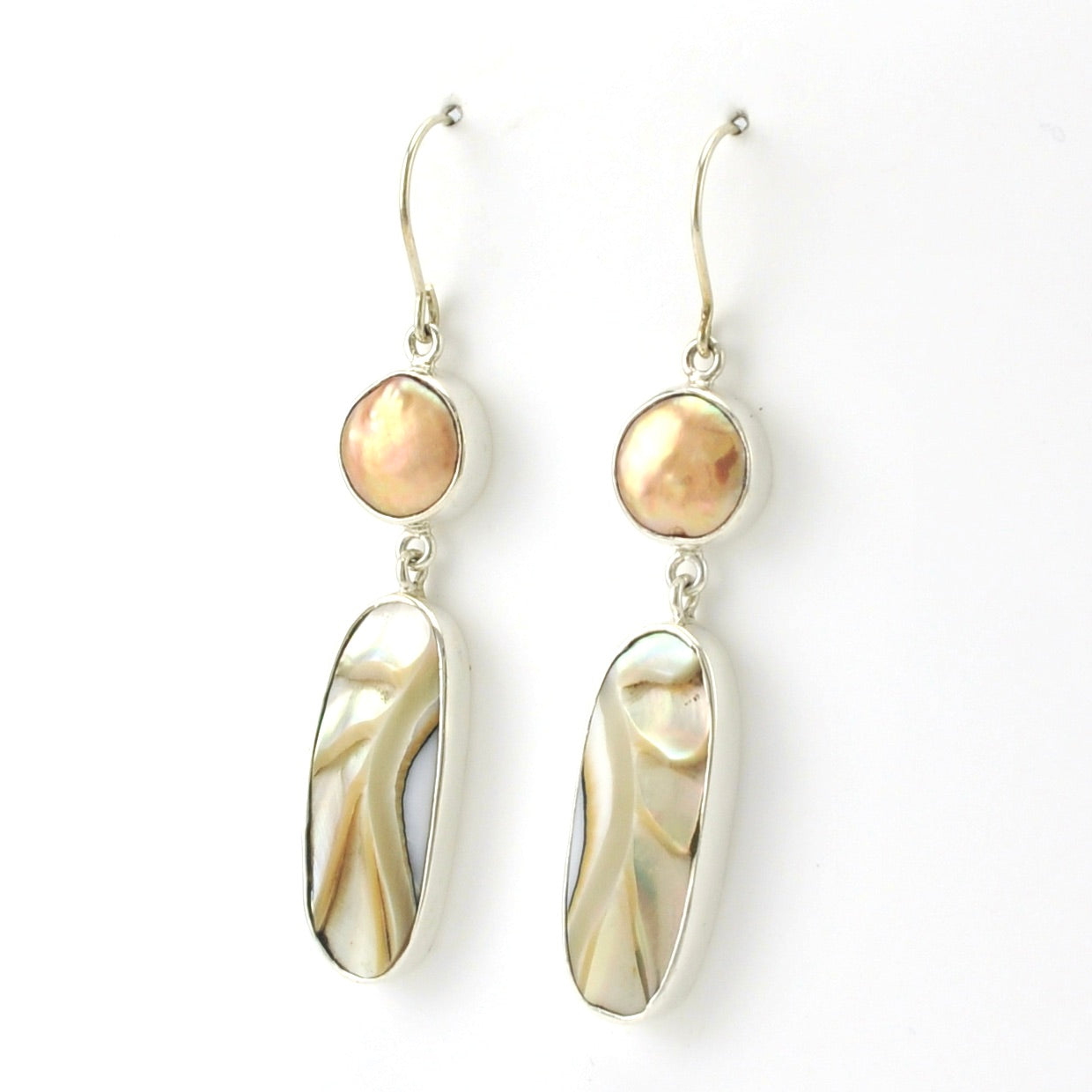 Side View Sterling Silver Peach Coin Pearl Nautilus Shell Earrings