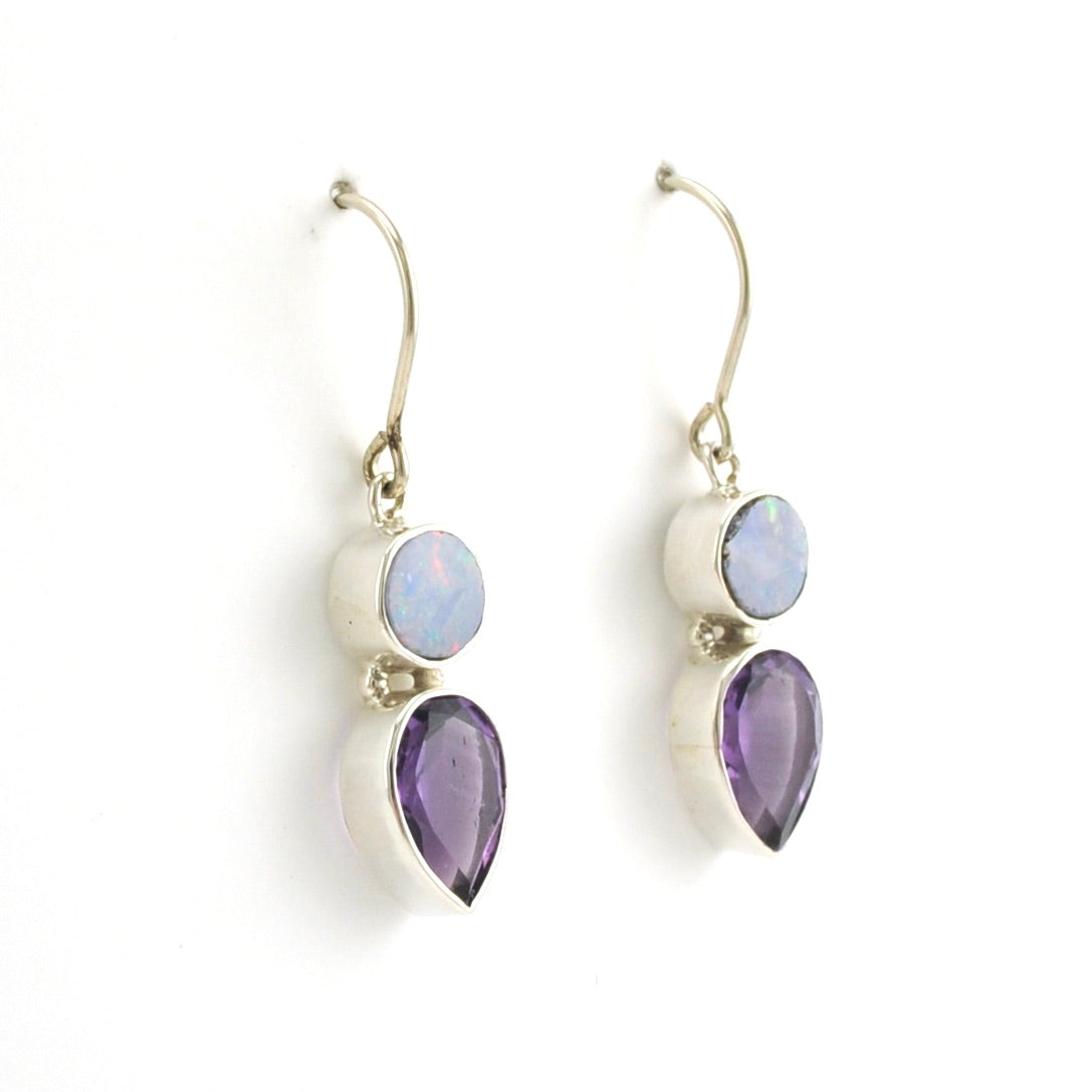 Side View Sterling Silver Australian Opal Amethyst Tear Earrings