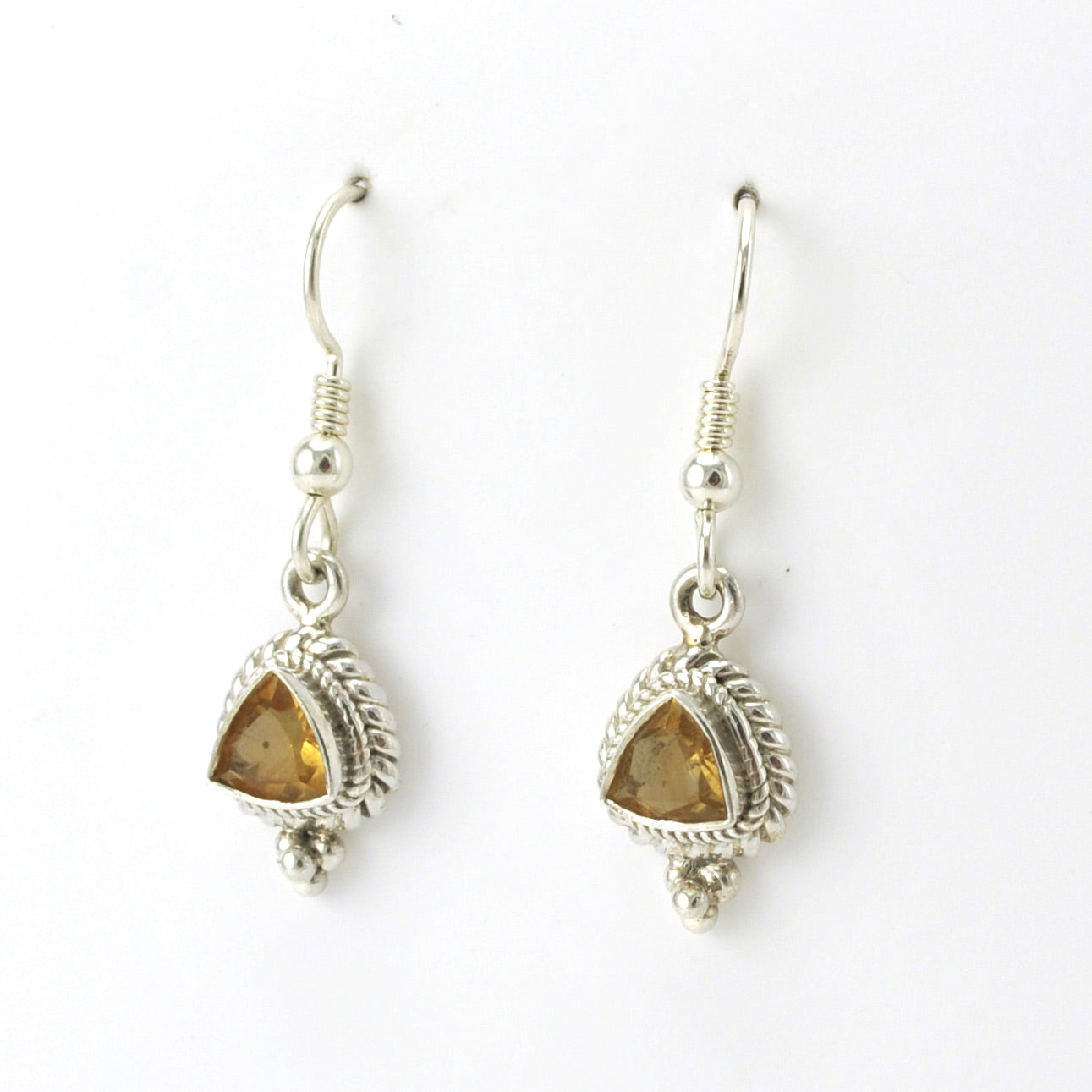 Side View Sterling Silver Citrine 7mm Trillion Dangle Earrings