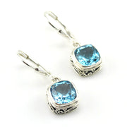 Sterling Silver Blue Topaz 8mm Square Bali Dangle Earrings