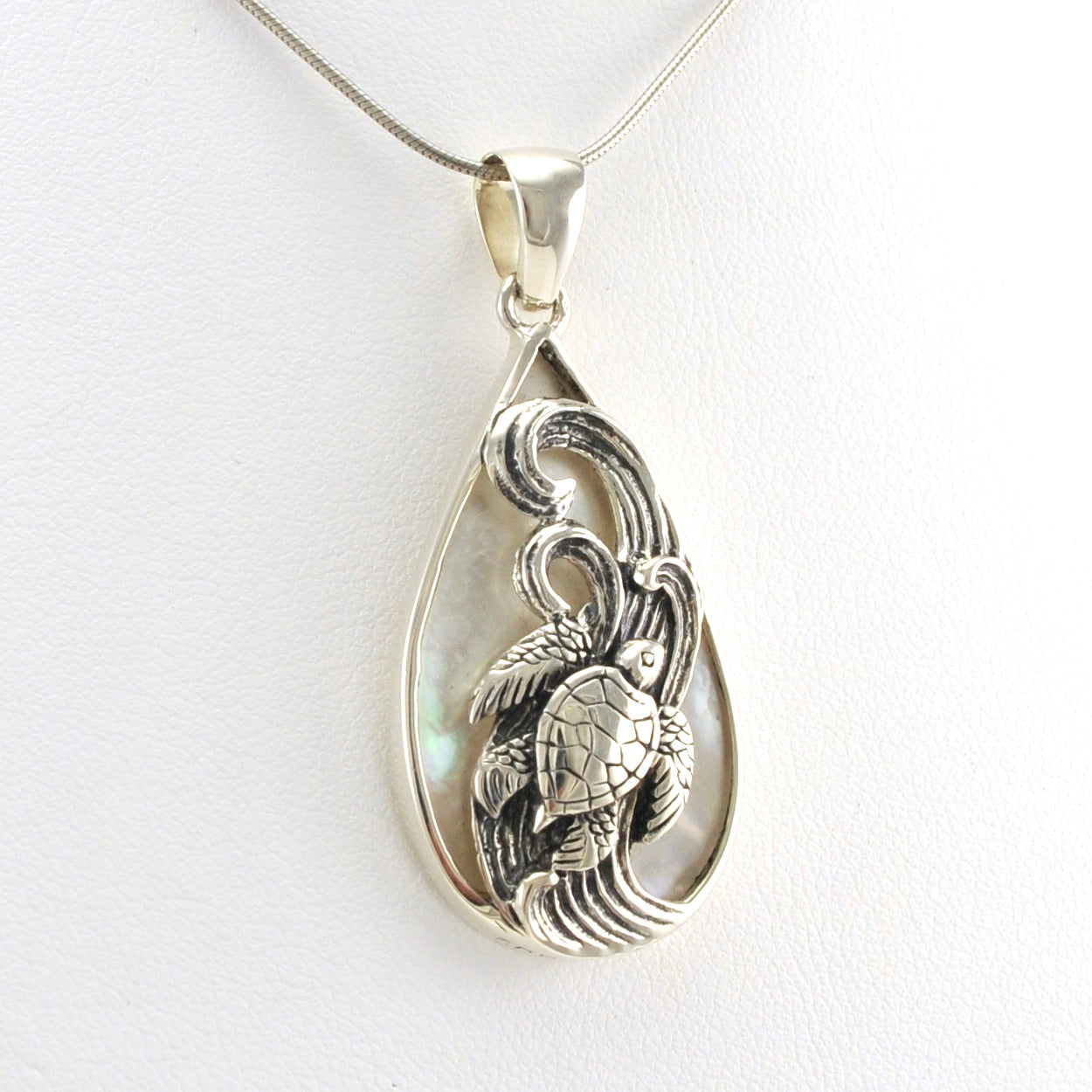 Side View Sterling Silver Mother of Pearl Tear Sea Turtle Pendant