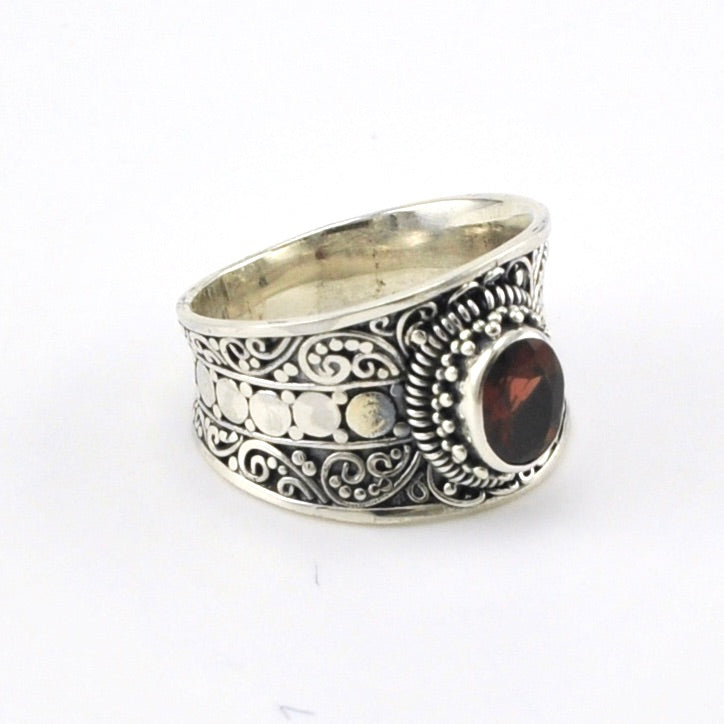 Side View Sterling Silver Garnet Oval Wide Ring