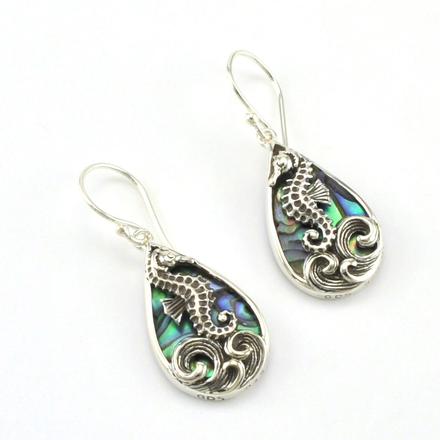 Sterling Silver Abalone Tear Seahorse Earrings