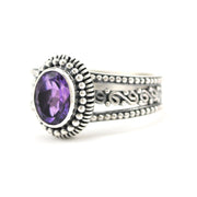 Silver Amethyst 6x8mm Oval 3 Band Scroll Ring