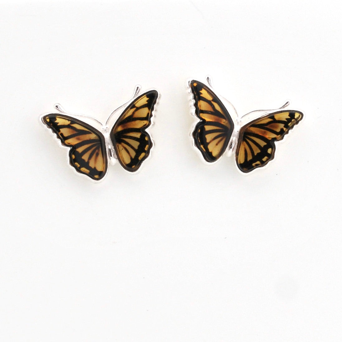 Amber butterfly post earring on white background