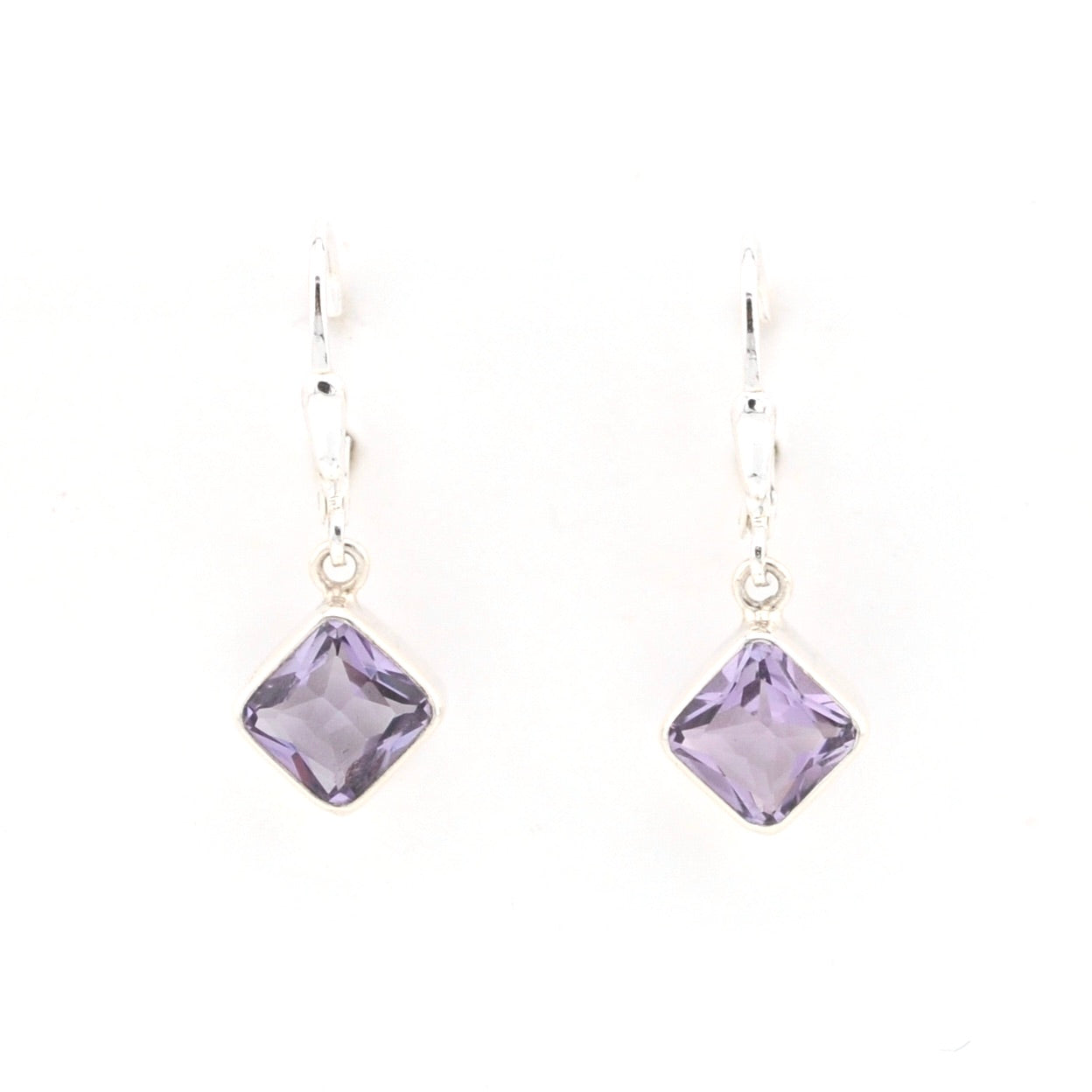 Front View Amethyst 7mm Offset Square Dangle Earrings Lilac