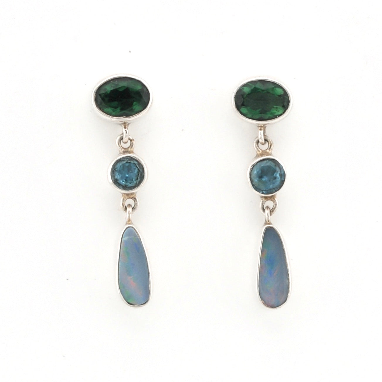 Front View Australian Opal Green Quartz Post Dangle Earrings