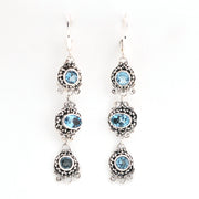Front View  Blue Topaz 3 Stone Bali Dangle Earrings