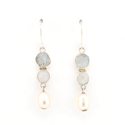 Front View Druzy Moonstone Pearl Dangle Earrings