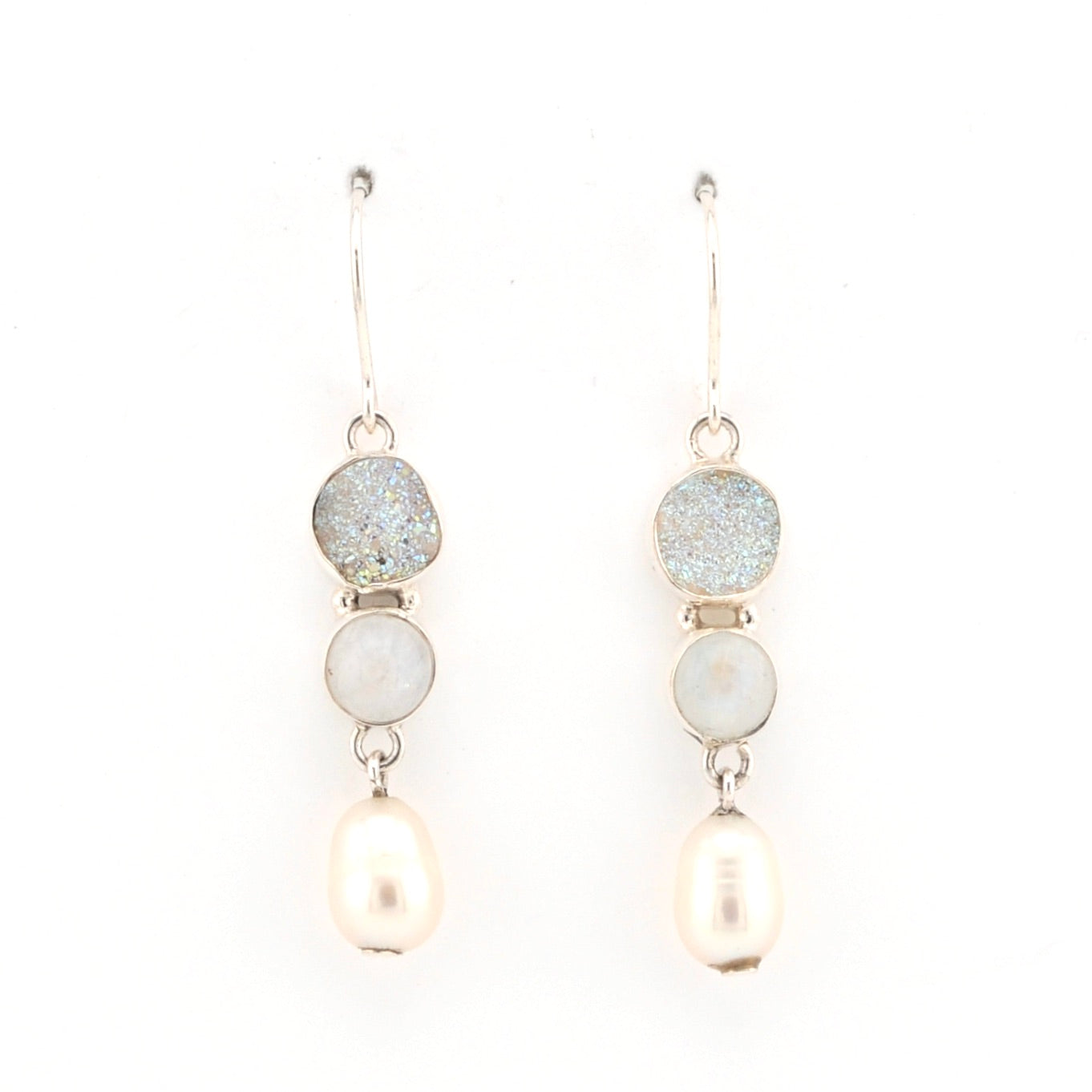 Front View Druzy Moonstone Pearl Dangle Earrings